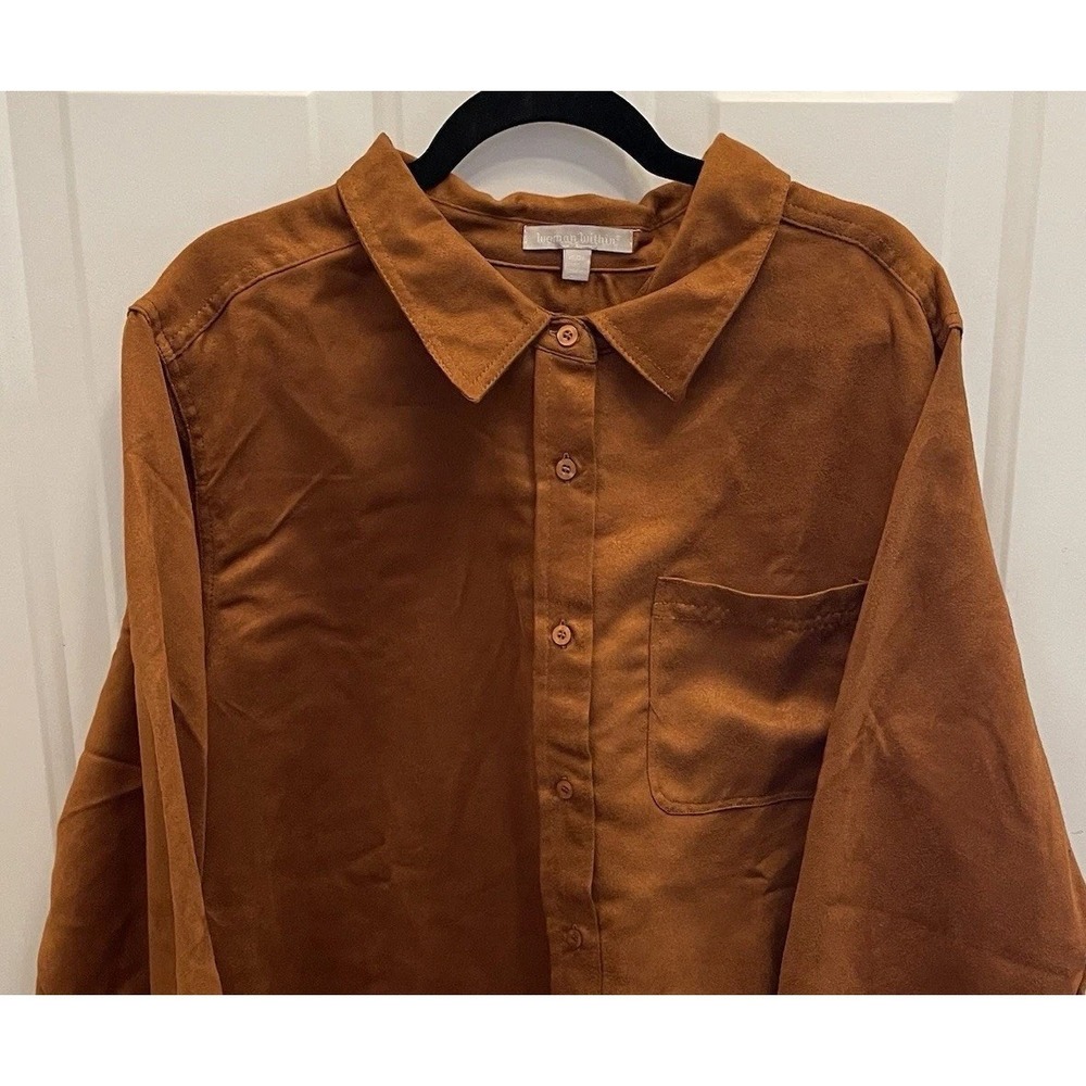 Woman Within Brown Faux Suede Button Up Top Caramel Womens 26 28 Old Money - Picture 1 of 9